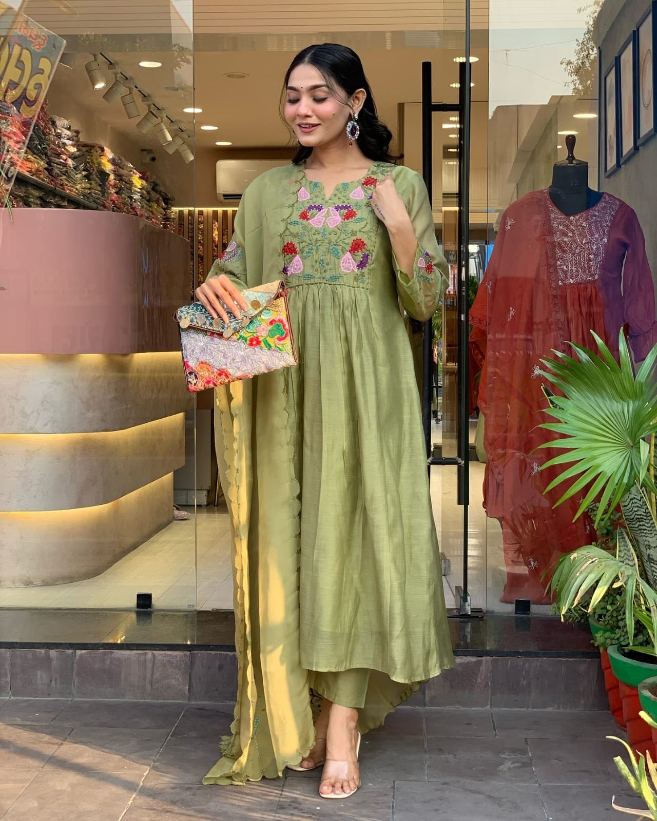 Embroidered Cotton Kurti Pant Set with Organza Dupatta